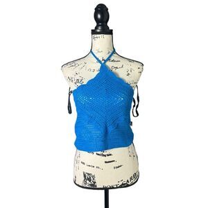 Mango Blue Crochet Halter Crop Top Size S Boho Knit Festival Tank